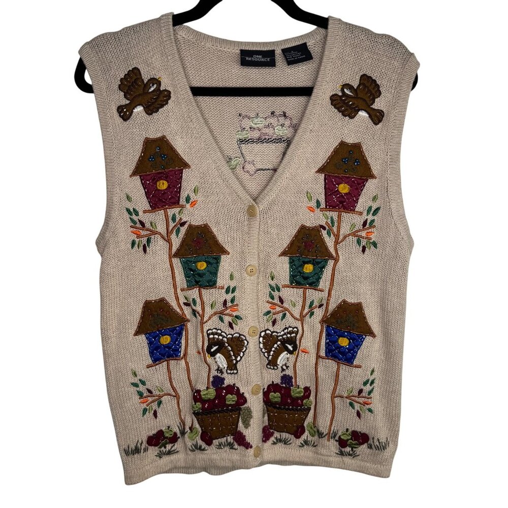 Vintage One Resource Beige Button-Up Sweater Vest Birdhouse‎ Embroidered Sz S